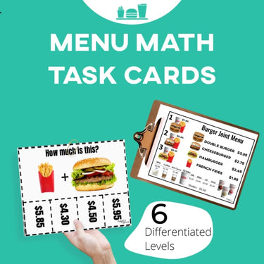 Task Cards: Menu Math Burger Joint, Next Dollar Up, Bills, Debit Card (Printable PDF) Menu Math - AdaptEd4SpecialEd